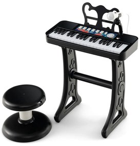 Teclado para piano infantil de 37 teclas com banco, microfone ajustável, suporte ajustável, piano amovível, brinquedo eletrónico para piano Preto