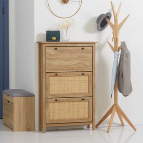 Sapateira, Móvel para sapatos, prateleira para sapatos, armário de 3 portas com abas, efeito de vime - em madeira natural
