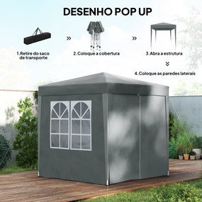 Tenda Dobrável 2x2m com 4 Paredes Laterais Tecido Oxford 2 Janelas e Saco de Transporte Anti-UV Impermeável Cinzento