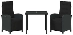Conjunto de Jantar de Jardim em 3 Peças com Almofadas Preto de Rattan
