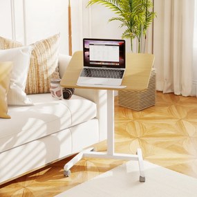 Secretária dobrável com tampo inclinável 90° Altura ajustável com rodas universais Gancho e porta-copos 60 x 48 x 76-111 cm Natural