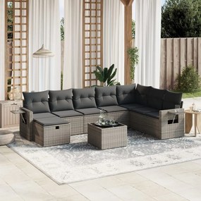 9 pcs conjunto sofás p/ jardim com almofadões vime PE cinzento
