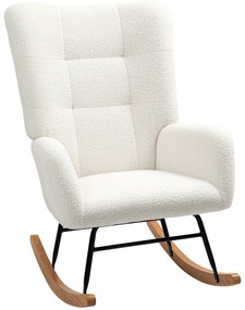 HOMCOM Poltrona de Balanço em Tecido de Lã Bouclée com Pés de Madeira Maciça de Hévea para Quarto Sala Creme | Aosom Portugal