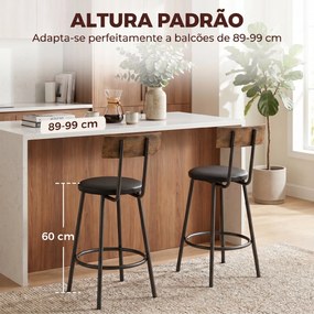 Conjunto 2 Bancos de Bar com Encosto e Apoio de Pés Estofados em PU 41x47x92 cm Preto