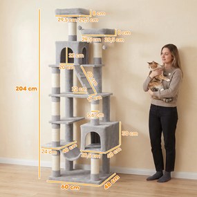 Arranhador para Gatos 204 cm Multinível com 2 Tocas Rede 2 Camas Postes de Sisal e Escada Cinza Claro