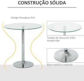 Mesa de Jantar Redonda para 2 Pessoas (CADEIRAS NÃO INCLUIDAS) Mesa de Cozinha Moderna com Superfície de Vidro Temperado para Sala de Estar Prata
