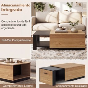 Mesa de centro extensível 80 x 60 x 37 cm em madeira com compartimentos e tampo adicional deslizante, design retangular para sala de estar Natural+Pre