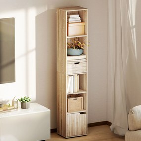 Biblioteca, estante para livros 30 x 24 x 158 cm, móvel de arrumação com gaveta, armário e compartimentos abertos, cor natural