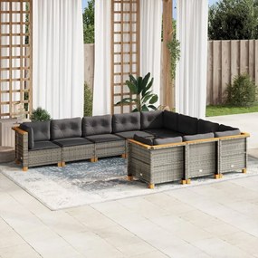 10 pcs conjunto sofás de jardim c/ almofadões vime PE cinzento