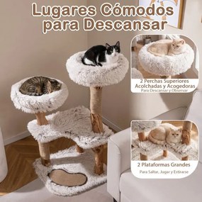 Arranhador para gatos de madeira 48 x 48 x 101 cm com interior boho luxuoso, 2 poleiros almofadados, postes para arranhar, tapete removível natural e