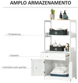 Armário para Banheiro com 3 Prateleiras Gaveta e 2 Portas Móvel de Armazenamento para Cozinha, Sala de estar Dormitório 60x33x122,5cm Branco