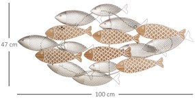 HOMCOM Decoração de Parede de Metal e Madeira 3D de Peixes 100x47cm Arte de Parede Metálica para Sala de Estar Dormitório Escritório Prata e Madeira