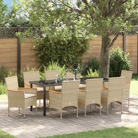 Conjunto de Jantar de Jardim de 9 Peças com Almofadas Bege Rattan Poliéster