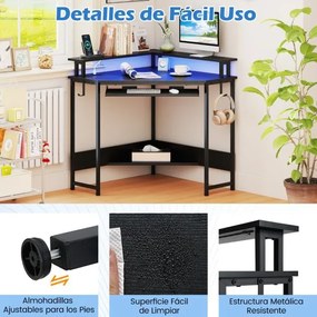 Secretária de canto com estação de carregamento e LED 80 x 80 x 88 cm, bandeja para teclado e suporte para monitor, mesa de gaming preta