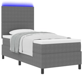 Cama Box Spring com Colchão &amp; Luz LED Cinza 100x200 cm Tecido de Velud
