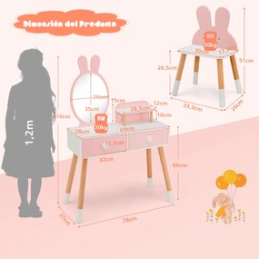 Toucador infantil 2 em 1 e cadeira com espelho de maquiagem 2 gavetas prateleira  com pernas de madeira maciça rosa