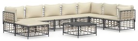 9 pcs conjunto lounge de jardim c/ almofadões vime PE antracite