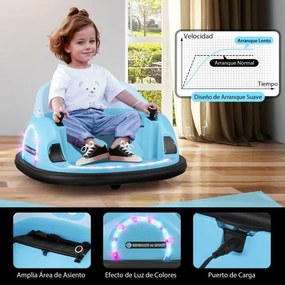Carrinho de choques elétrico 12V para crianças com controle remoto, luz LED, buzina e música, rotação de 360° com cinto de segurança azul