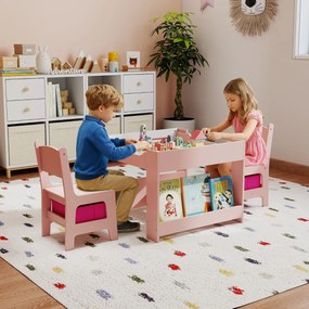 Conjunto de mesa e cadeiras infantis de atividades 4 em 1 para crianças com superfície reversível Prateleiras para livros e caixas Rosa