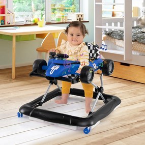 Andarilho para bebés 4 em 1 com altura ajustável em 3 níveis, volante, com assento almofadado e caixa de música azul