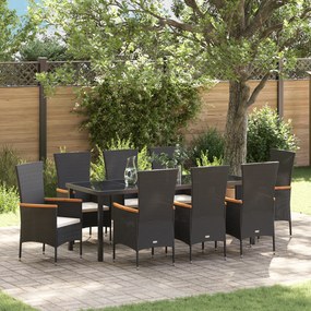 vidaXL Conjunto de Jantar de Jardim de 9 Peças com Almofadas Preto Vime Poliéster