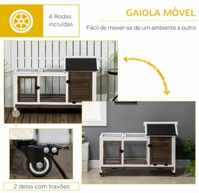 PawHut Coelheira de Madeira com Rodas 108x58x73,5cm Gaiola para 1-2 Coelhos com Teto Abatível Cerca Metálica Bandeja Amovível Portas com Trava e Rampa Marrom Café e Branco