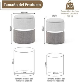 Conjunto de 2 Pufes Redondos com Armazenamento Estofados com Aro de Aço Inoxidável Dourado Cinza