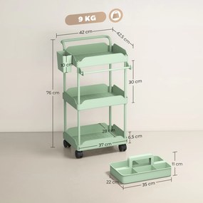 Carrinho Auxiliar com Rodas de 3 Níveis com Cestos Extraíveis Suporte para Toalhas e Estrutura de Metal 42x42,5x76 cm Verde