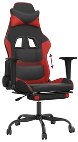 Cadeira gaming c/ apoio pés couro artificial preto e vermelho