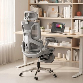 Cadeira de escritório ergonómica com braços 4D, apoio para a cabeça e profundidade do assento ajustáveis, em malha cinzenta