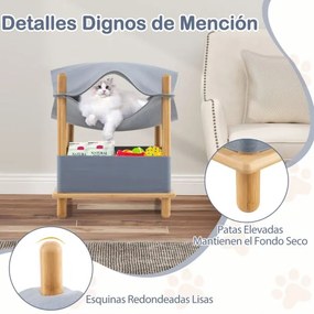 Cama para gatos de madeira de 2 níveis moderna com compartimento semi-fechado Cinzento