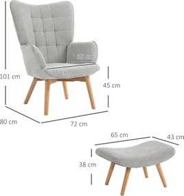 Poltrona com apoio para os pés, encosto alto, pés de madeira e tecido com efeito de veludo cotelê, para sala de estar ou quarto, cinzenta