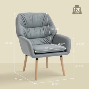 Poltrona de Sala de Estar Moderna Acolchoada de Dupla Camada Estofada em Couro Sintético Pés de Madeira 68x74x89 cm Cinza