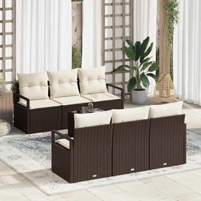 Conjunto de Sofá de Jardim 7 Peças com Almofadas Castanho Vime PE