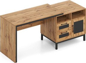 Secretária de escritório com ampla superfície de trabalho 181 x 60 x 76 cm, compartimentos abertos, gavetas e armário com 1 porta, cor natural