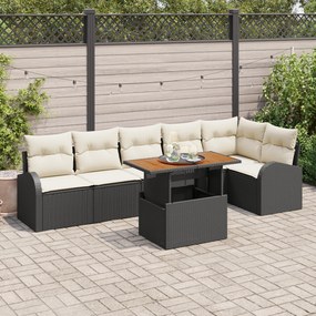 Conjunto de Sofás de Jardim de 7 Peças com Almofadas Preto Rattan Poli