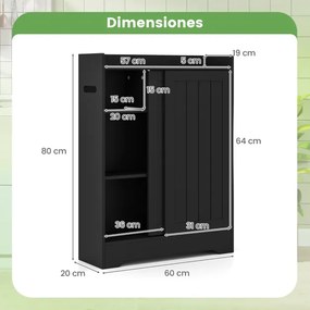 Armário de Cozinha ou Casa de Banho 60 x 20 x 80 cm com porta-papel higiênico, compartimento para escova e prateleiras ajustáveis com 2 portas desliza