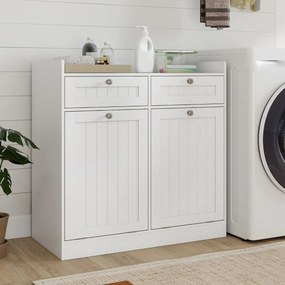 Armário para roupa suja 79 x 40 x 80 cm com dupla inclinação com Estante, 2 gavetas e 2 sacos para roupa suja removíveis Branco