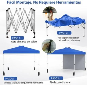 Tenda Pop up 3 x 3 m jardim, eventos, feiras com 1 Parede Lateral, com Bolsa com Rodas, 4 Sacos de Areia Azul