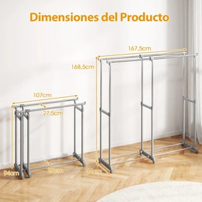 Cabideiro Duplo com Rodas, Altura Ajustável e Largura Extensível, Metal Resistente para closet, Lavandaria ou Sala 140-195 cm Cinza