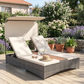 Espreguiçadeira Dupla de Jardim, 203 x 147 x 164 cm, Encostos Ajustáveis em 6 Níveis, Bege