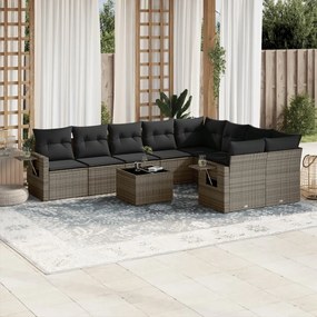 10 pcs conjunto sofás de jardim c/ almofadões vime PE cinzento