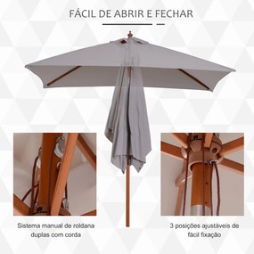 Chapéu de Sol de Jardim 200x150x230cm Chapéu de Sol Retangular Inclinável com Polia Duplo Teto e Mastro Desmontável de Madeira para Terraço Pátio Cinz