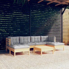 7 pcs conjunto lounge de jardim c/ almofadões cinzentos pinho