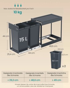 Caixote do lixo encastrar 48,6 x 25,4 x 44 cm com dois compartimentos e sistema de separação de lixo extraível, cinzento
