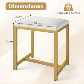Banco de toucador 38 x 30 x 42 cm com almofada acolchoada e pernas de metal dourado para quarto, sala ou entrada Branco e dourado
