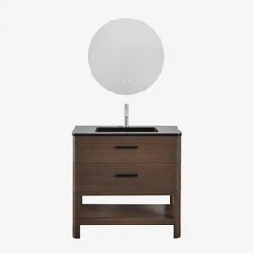 Conjunto De Móvel De Casa De Banho Em Madeira Com Lavatório Integrado Misene Madeira Escura & Redondo Led E Anti-embaciamento Ø70 Cm - Sklum