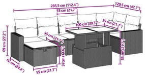 8 pcs conjunto de sofás p/ jardim com almofadões vime PE bege
