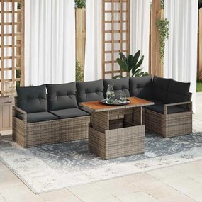 Conjunto de Sofá de Jardim com 7 Peças e Almofadas Cinza em Rattan Poliéster