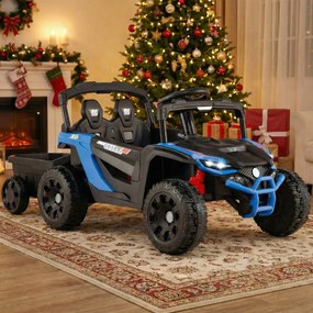 Carro eletrico para crianças 12V com reboque destacável a bateria com 3 velocidades Luzes LED Música Azul
